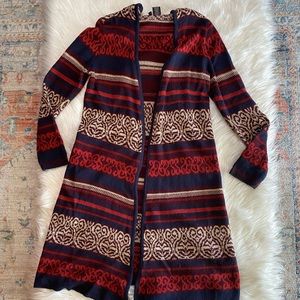 Long navy and orange cardigan with hood